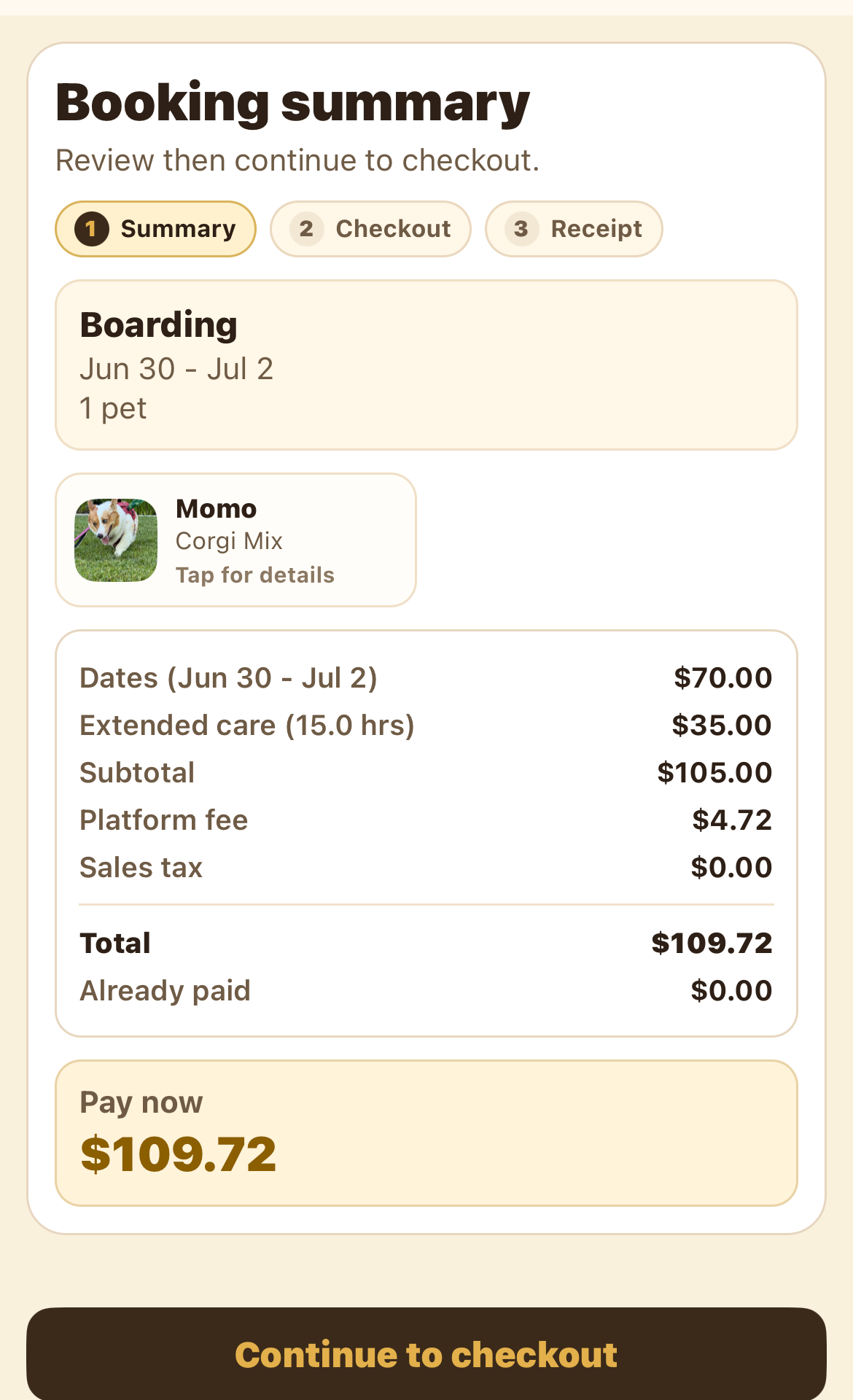 Booking summary with dates, line items, total, and a Continue to checkout button