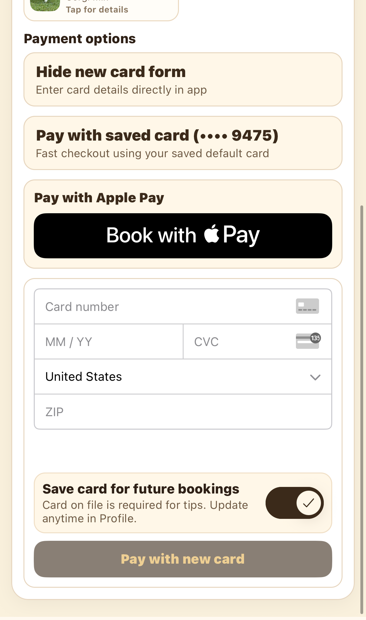 Card entry form with a Save card for future bookings toggle