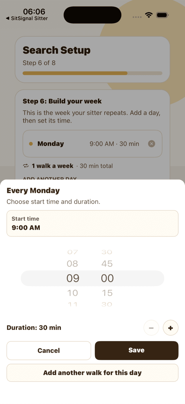 Setting the time and duration for a repeating Monday, and the finished week showing Monday and Wednesday