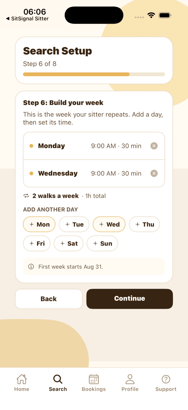 Setting the time and duration for a repeating Monday, and the finished week showing Monday and Wednesday