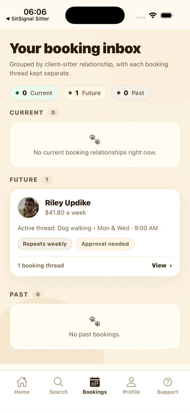 The client bookings inbox showing a Repeats weekly booking priced per week