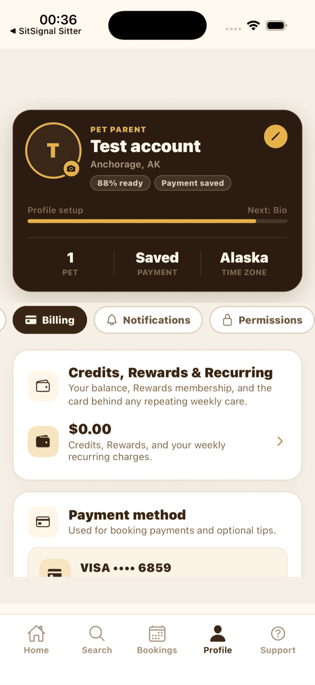 The client Billing tab showing Credits, Rewards and Recurring and the Payment method card