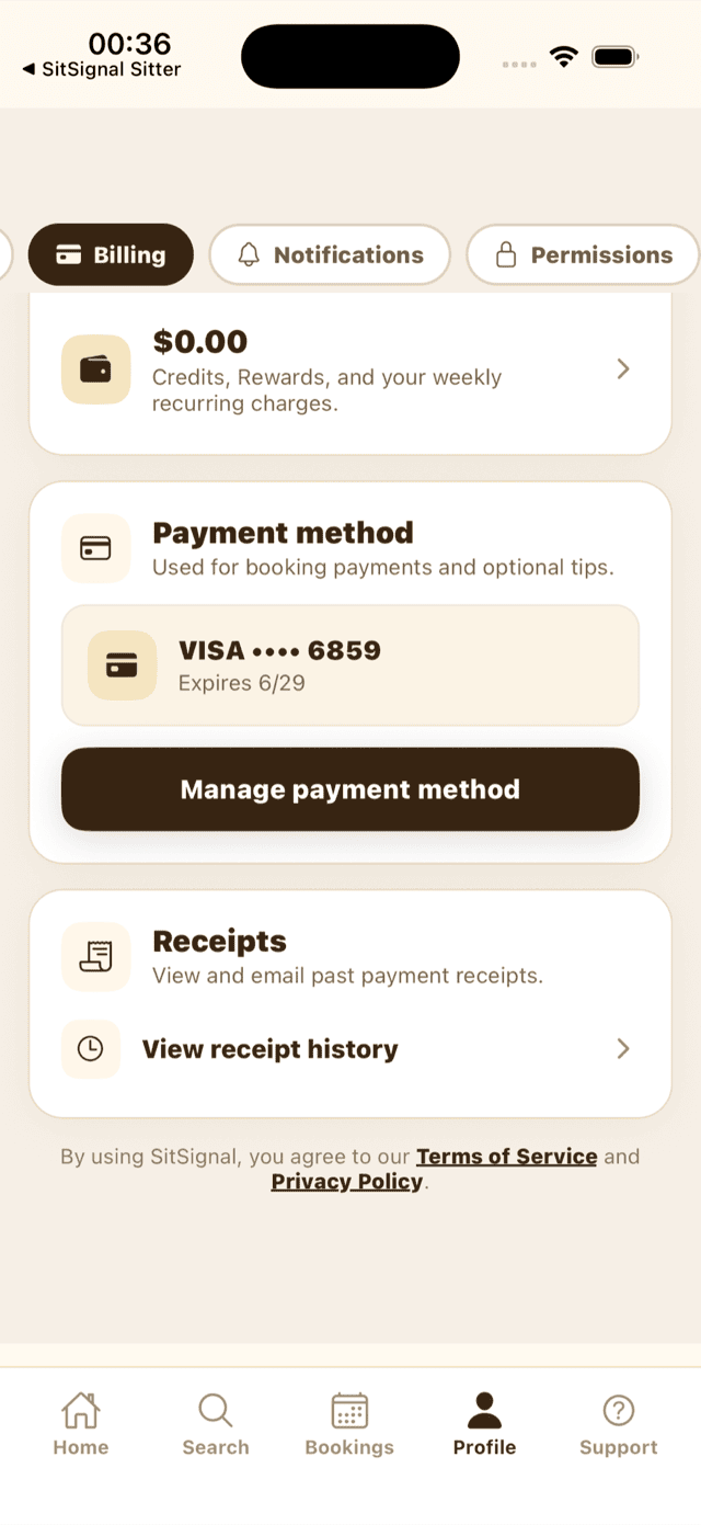 The Payment method card showing a saved Visa and a Manage payment method button