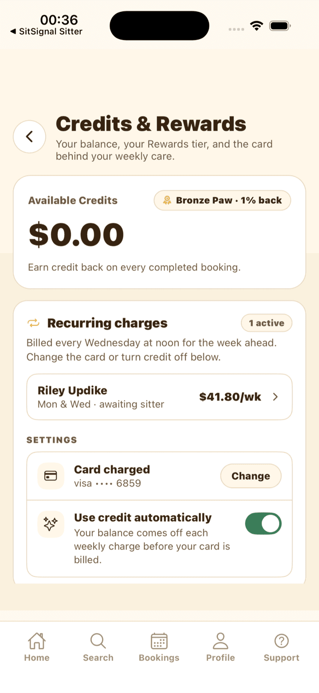 The Recurring charges panel listing an active weekly arrangement, the card being charged, and the automatic credit toggle