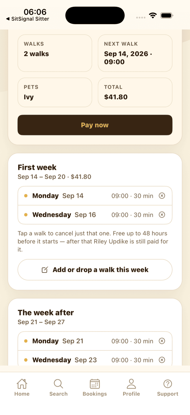 The client booking screen showing First week and The week after, each visit with a cancel control