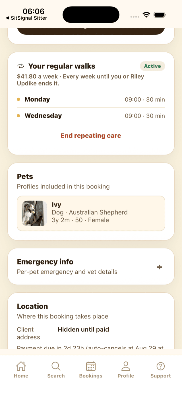 The client Your regular walks card showing the weekly price, the pattern, and End repeating care