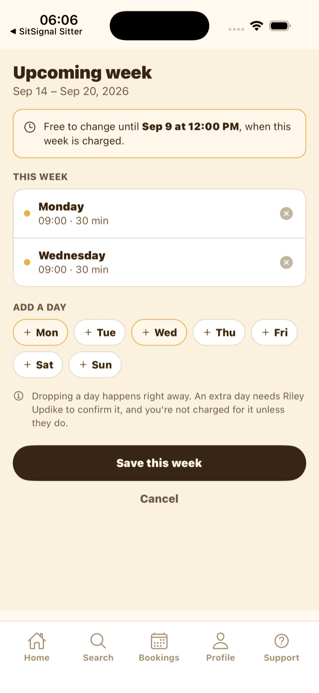 The Upcoming week editor showing the free-to-change deadline, the current days with remove controls, and an Add a day chip row