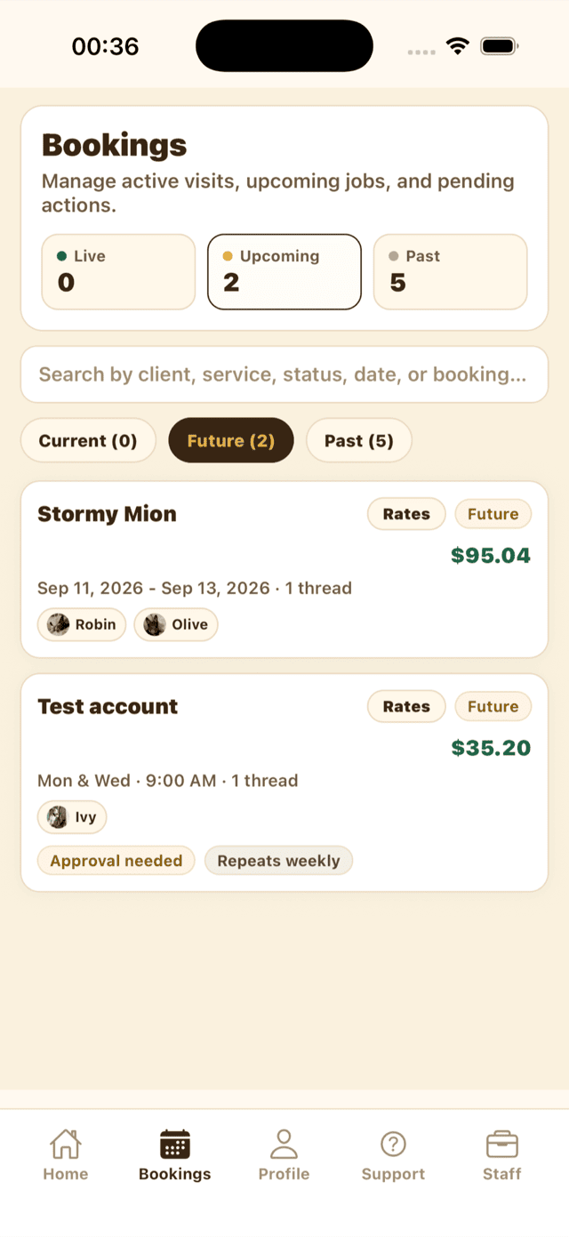 The sitter bookings list showing a repeating booking, and the accept sheet spelling out the pattern, weekly earnings and the weekly cycle