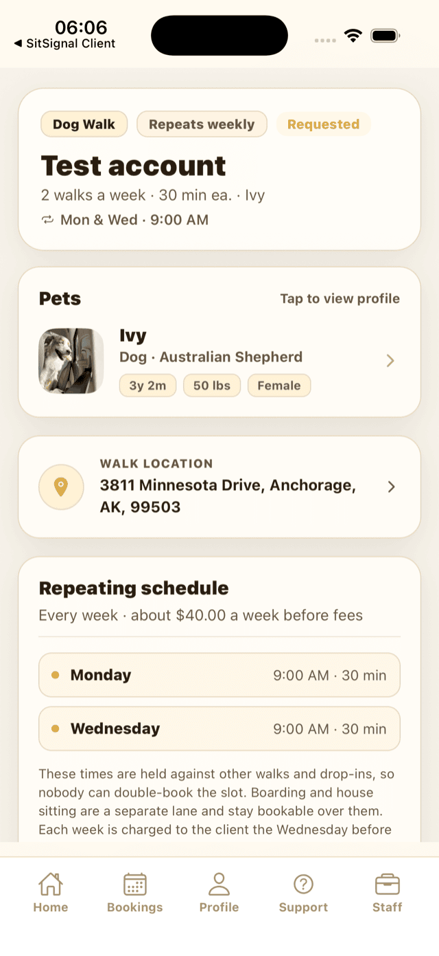The sitter Repeating schedule card explaining calendar holds, the weekly charge and payout, and the cancellation window
