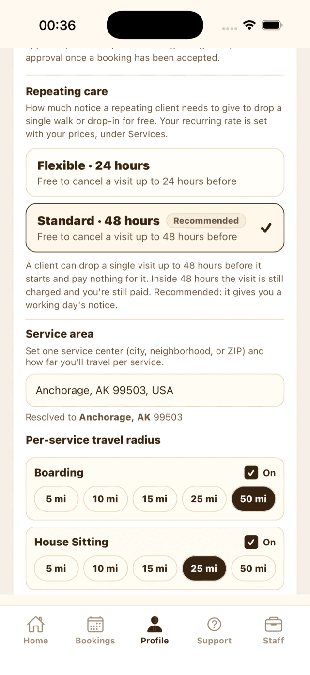 The sitter Repeating care setting with Flexible 24 hours and Standard 48 hours options, Standard selected and marked Recommended
