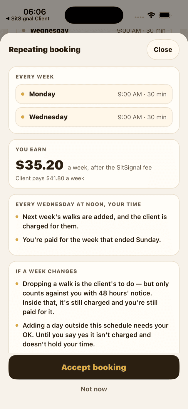 The sitter bookings list showing a repeating booking, and the accept sheet spelling out the pattern, weekly earnings and the weekly cycle