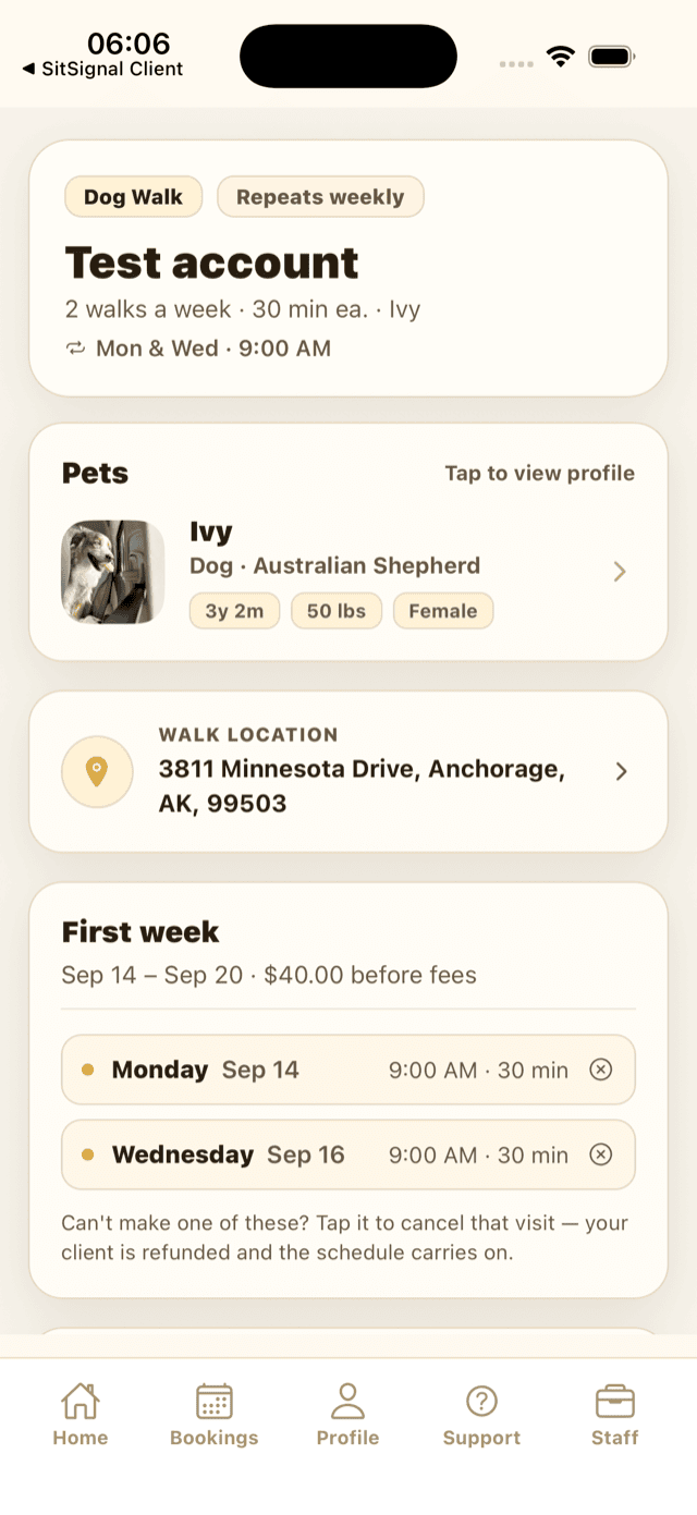 The sitter booking screen after accepting, showing the first week with each visit and a cancel control