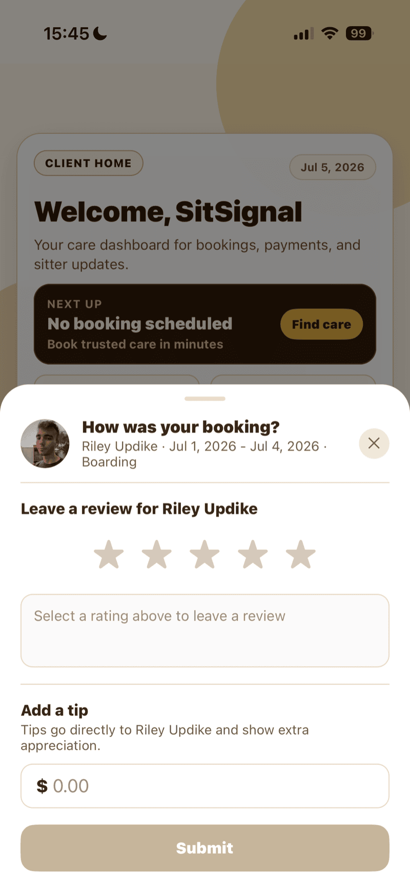 The in-app review and tip sheet, before and after filling in a rating, review, and tip.