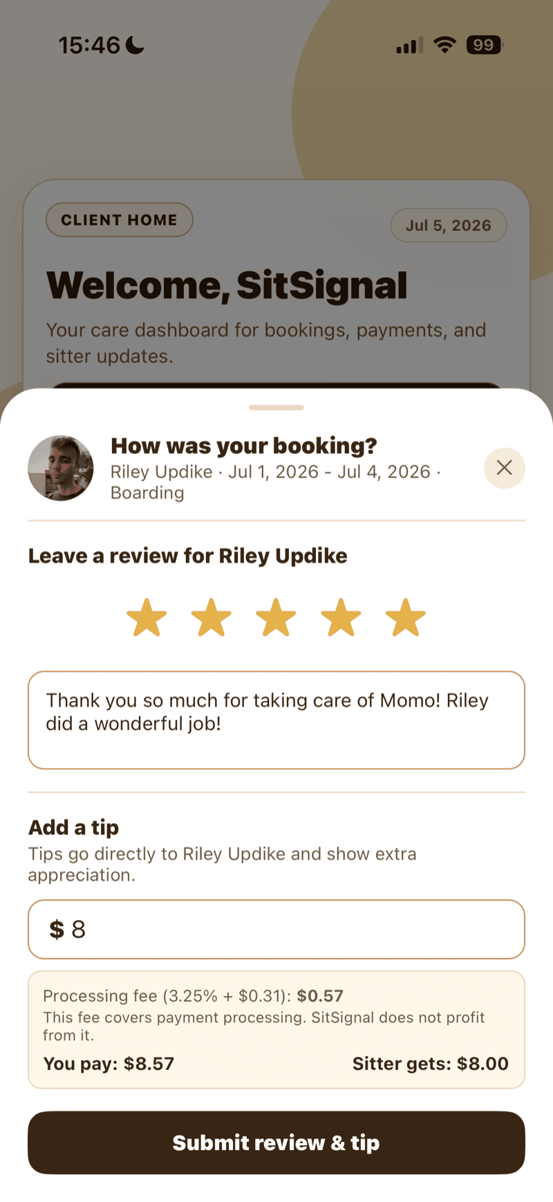 The in-app review and tip sheet, before and after filling in a rating, review, and tip.