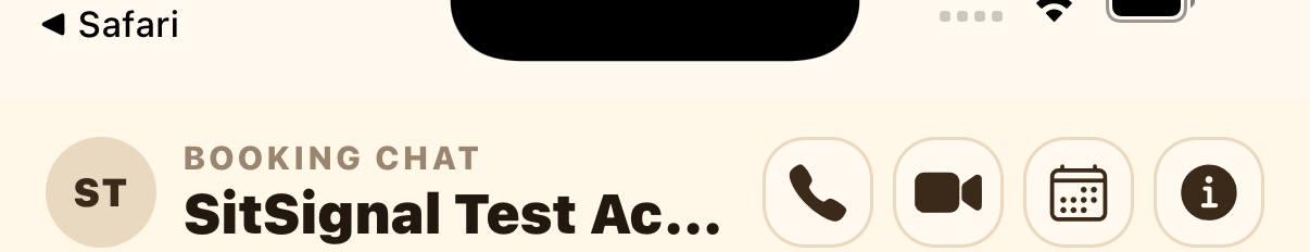 Booking chat header showing audio call, video call, calendar, and info icons