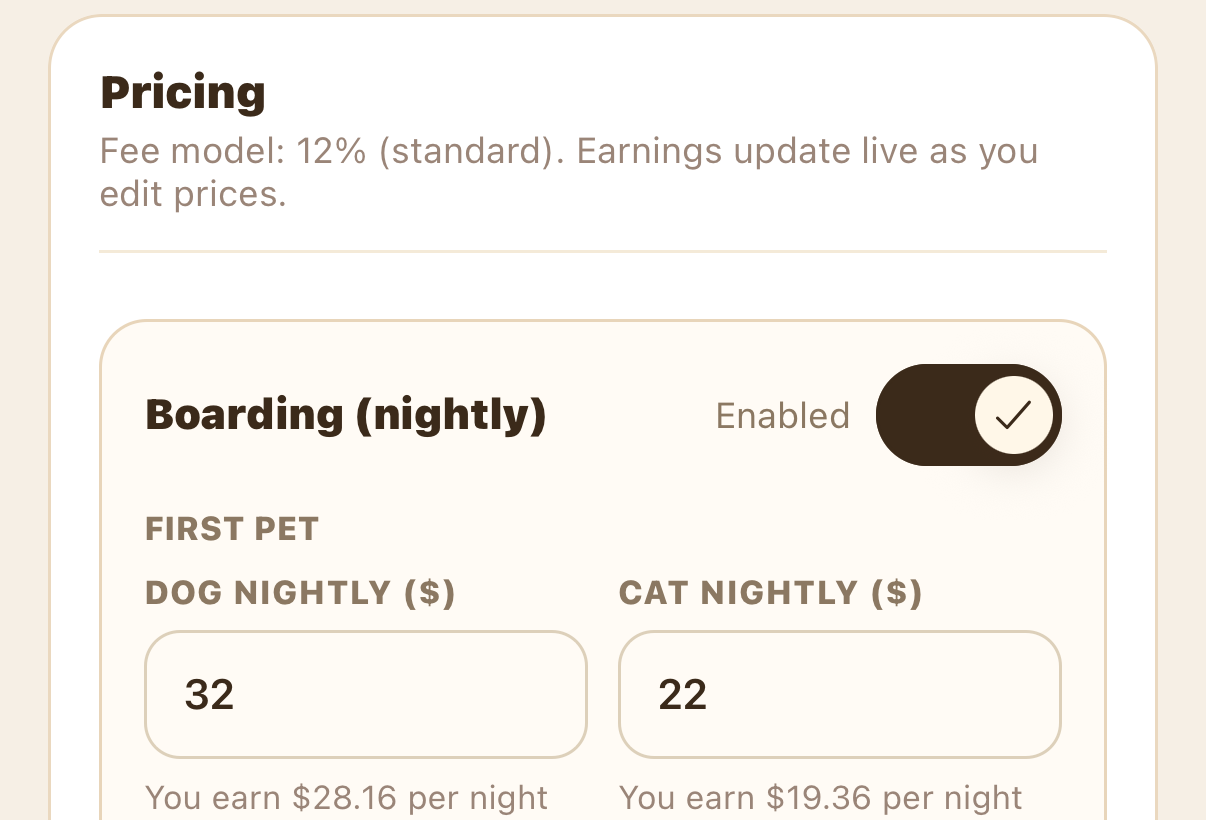 Pricing tab showing the Boarding service with an Enabled toggle and live earnings