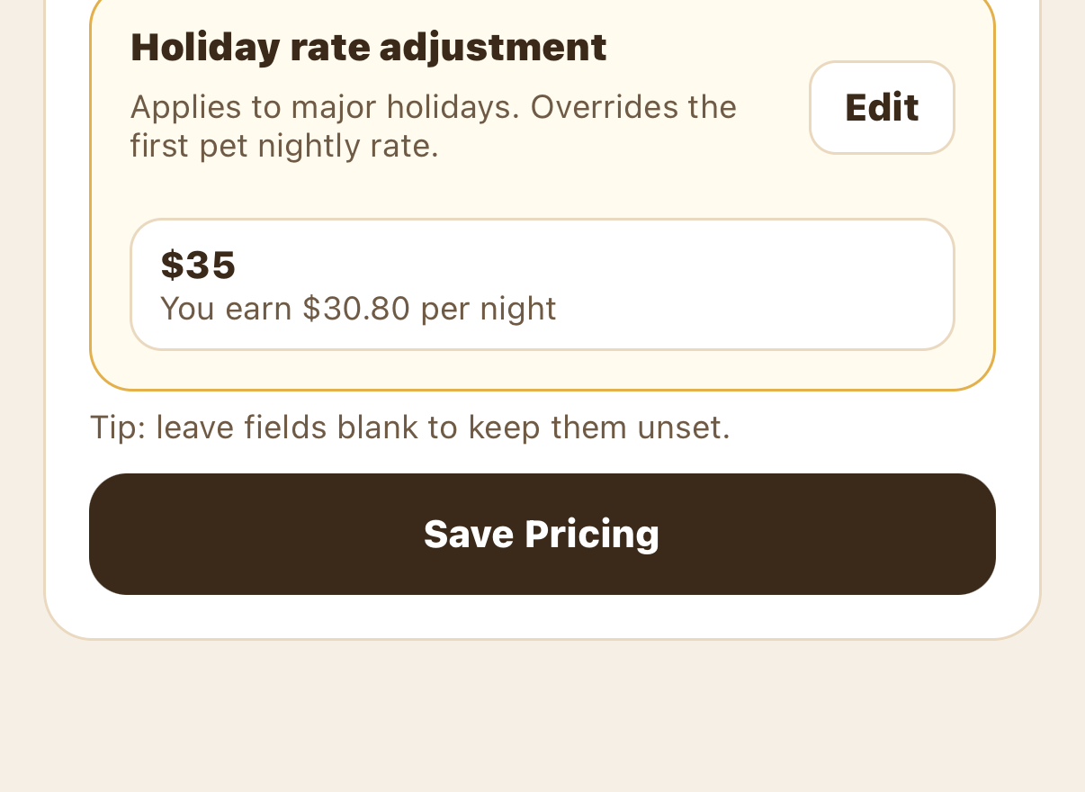 Holiday rate adjustment card above the Save Pricing button