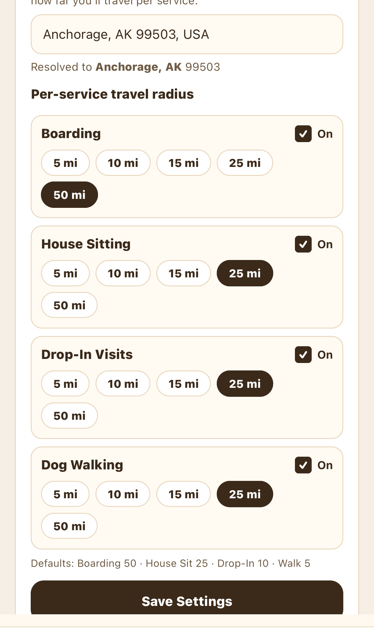 Service area and per-service travel radius options