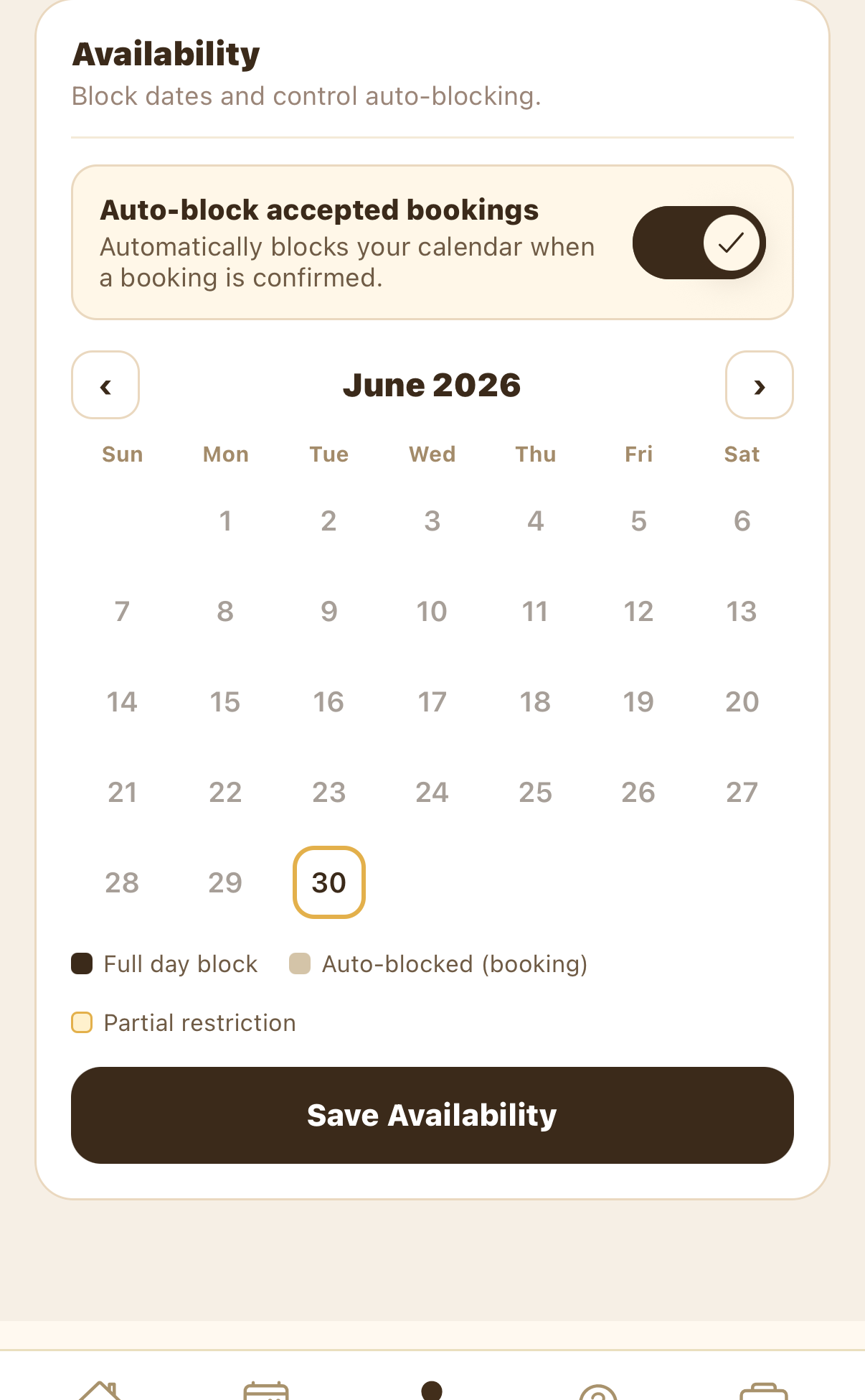 Availability calendar with auto-block toggle