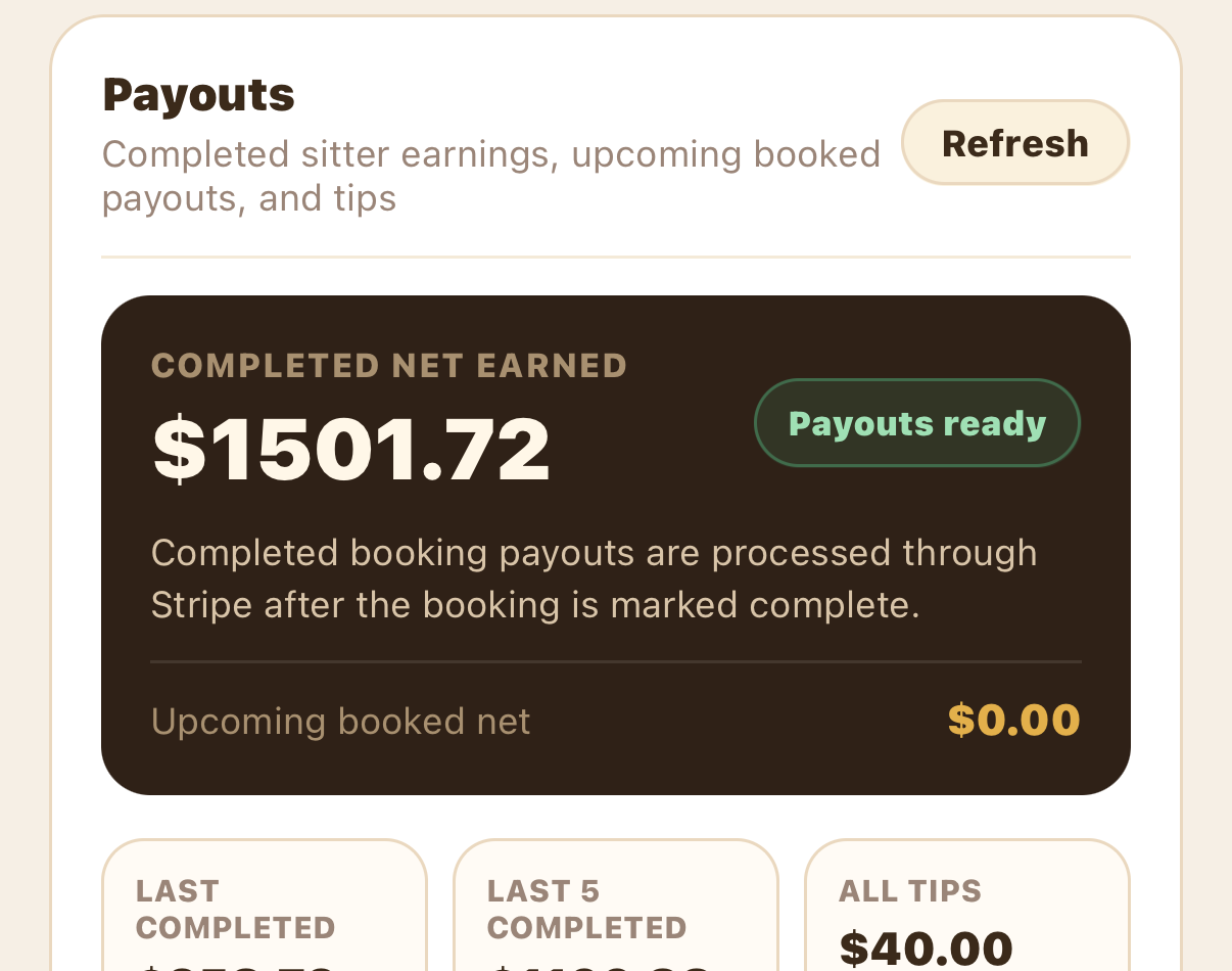 Payouts tab showing completed net earned and payout status