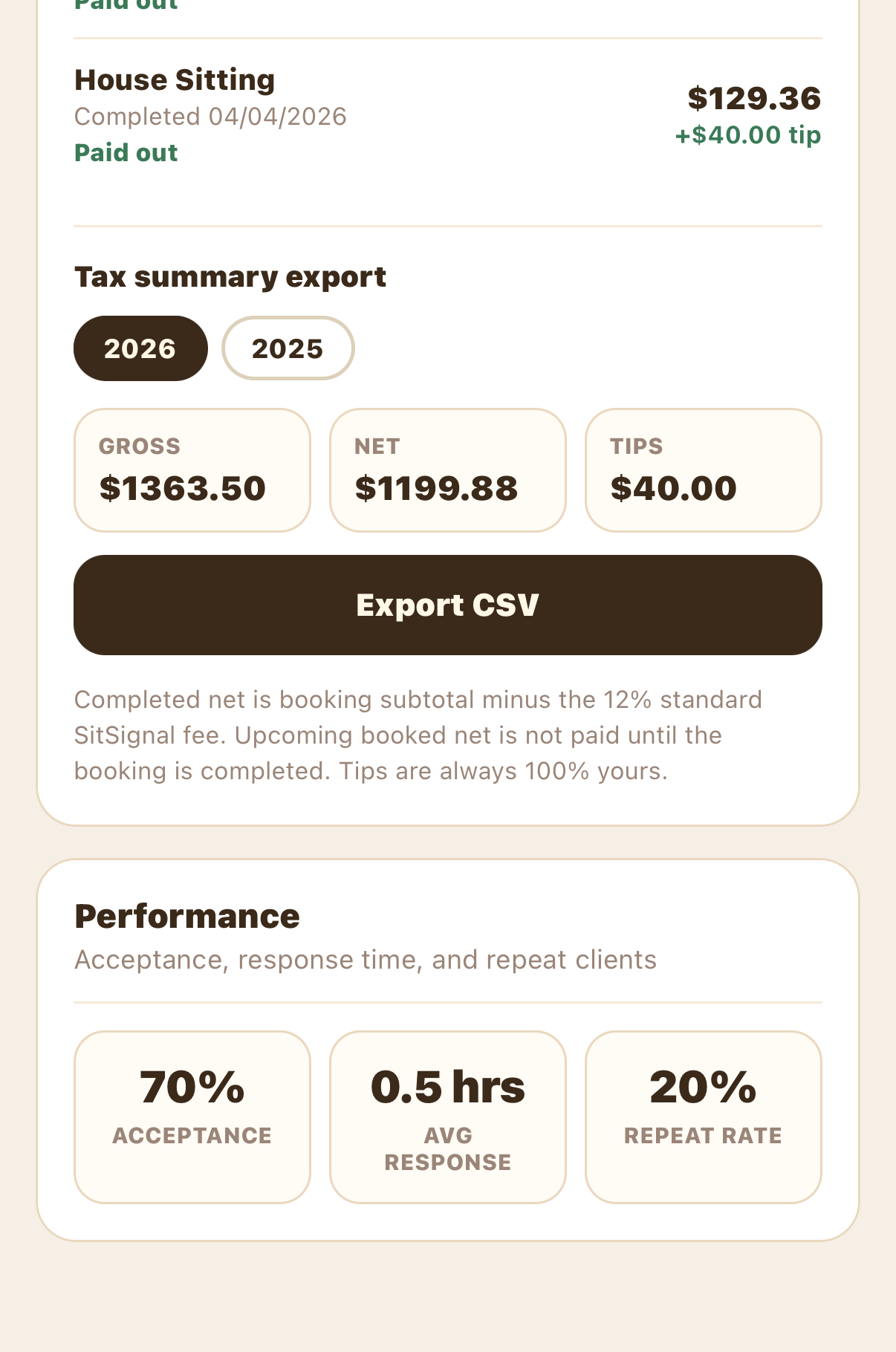 Tax summary export and performance metrics