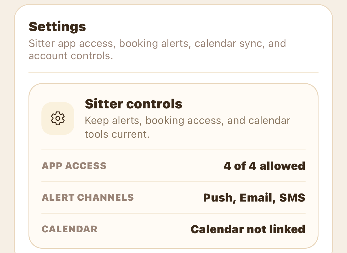 Settings tab with the Sitter controls summary card