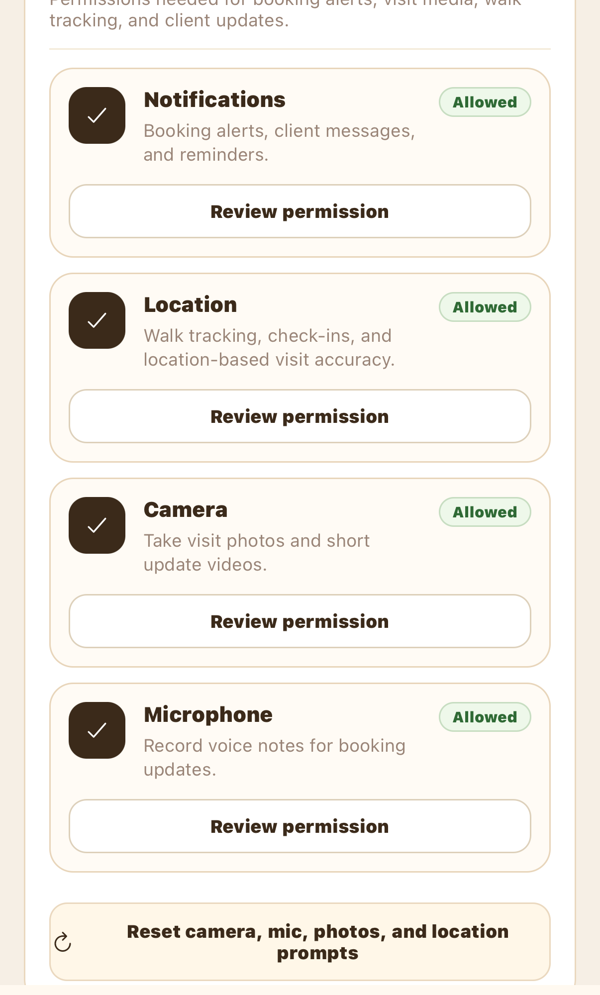 App access screen listing notifications, location, camera, and microphone permissions