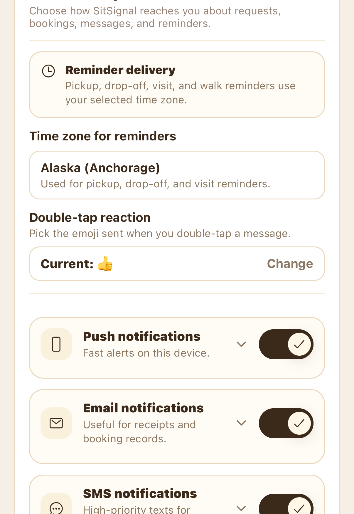 Notification preferences with reminder time zone, double-tap reaction, and channel toggles