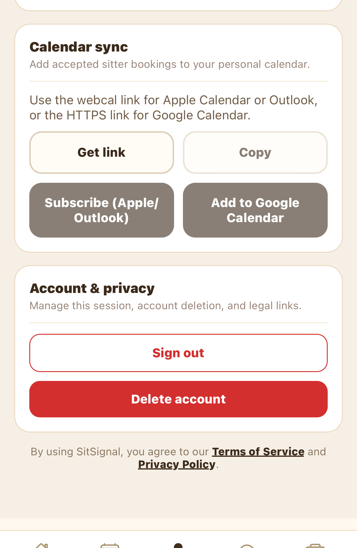 Calendar sync options and account and privacy controls