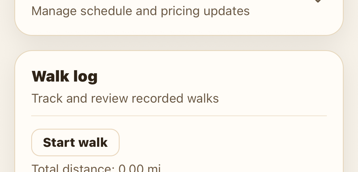 Walk log section on a booking with a Start walk button
