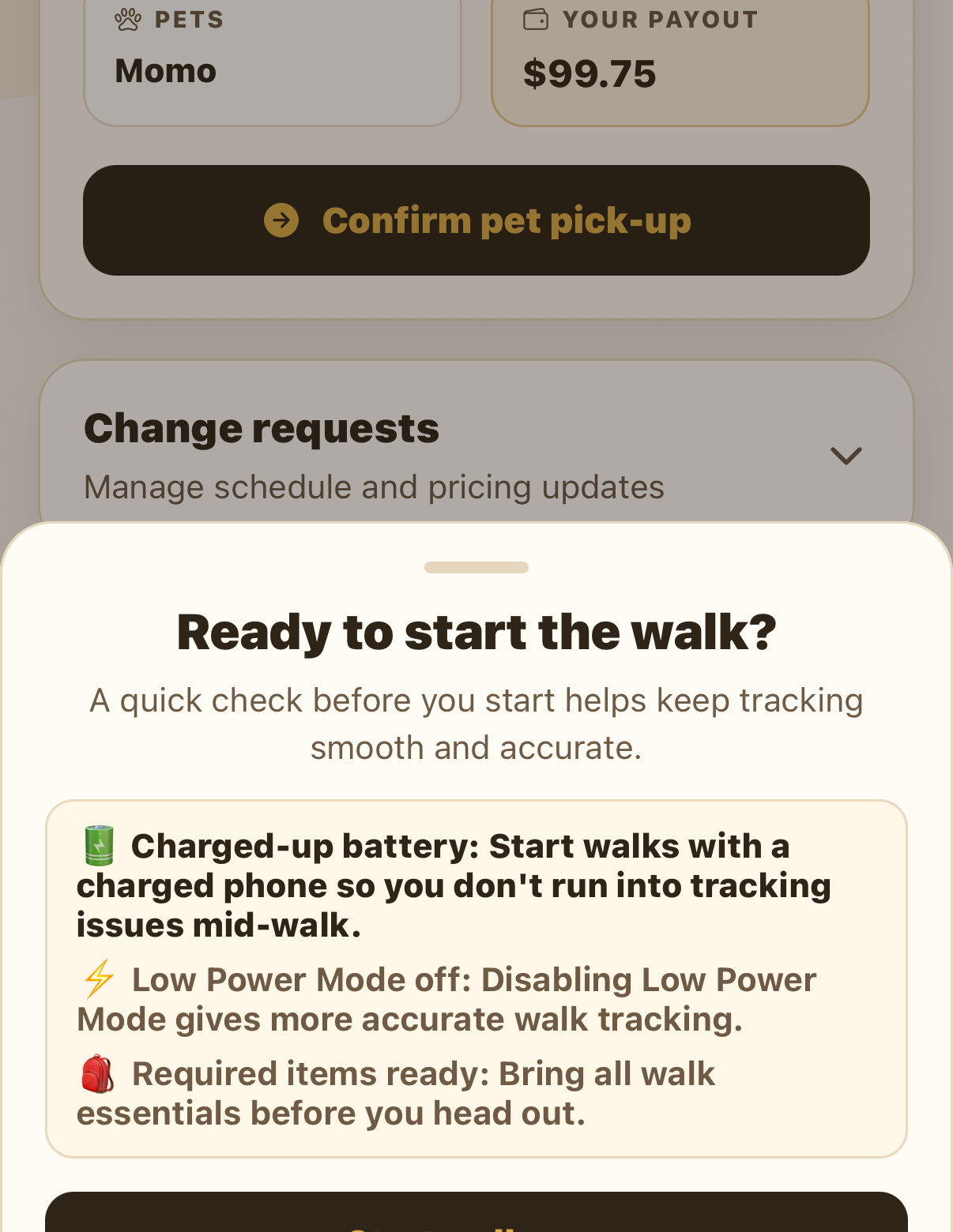 Ready to start the walk checklist covering battery, Low Power Mode, and items