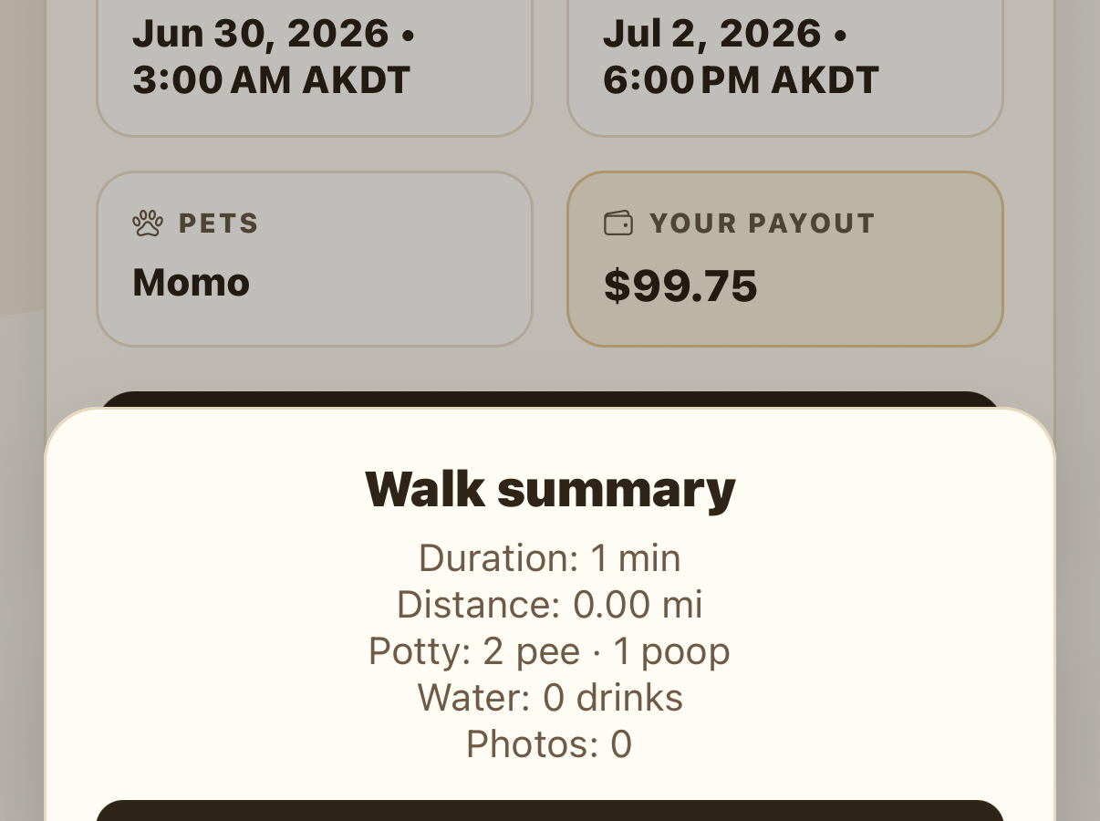 Walk summary showing duration, distance, potty, water, and photos
